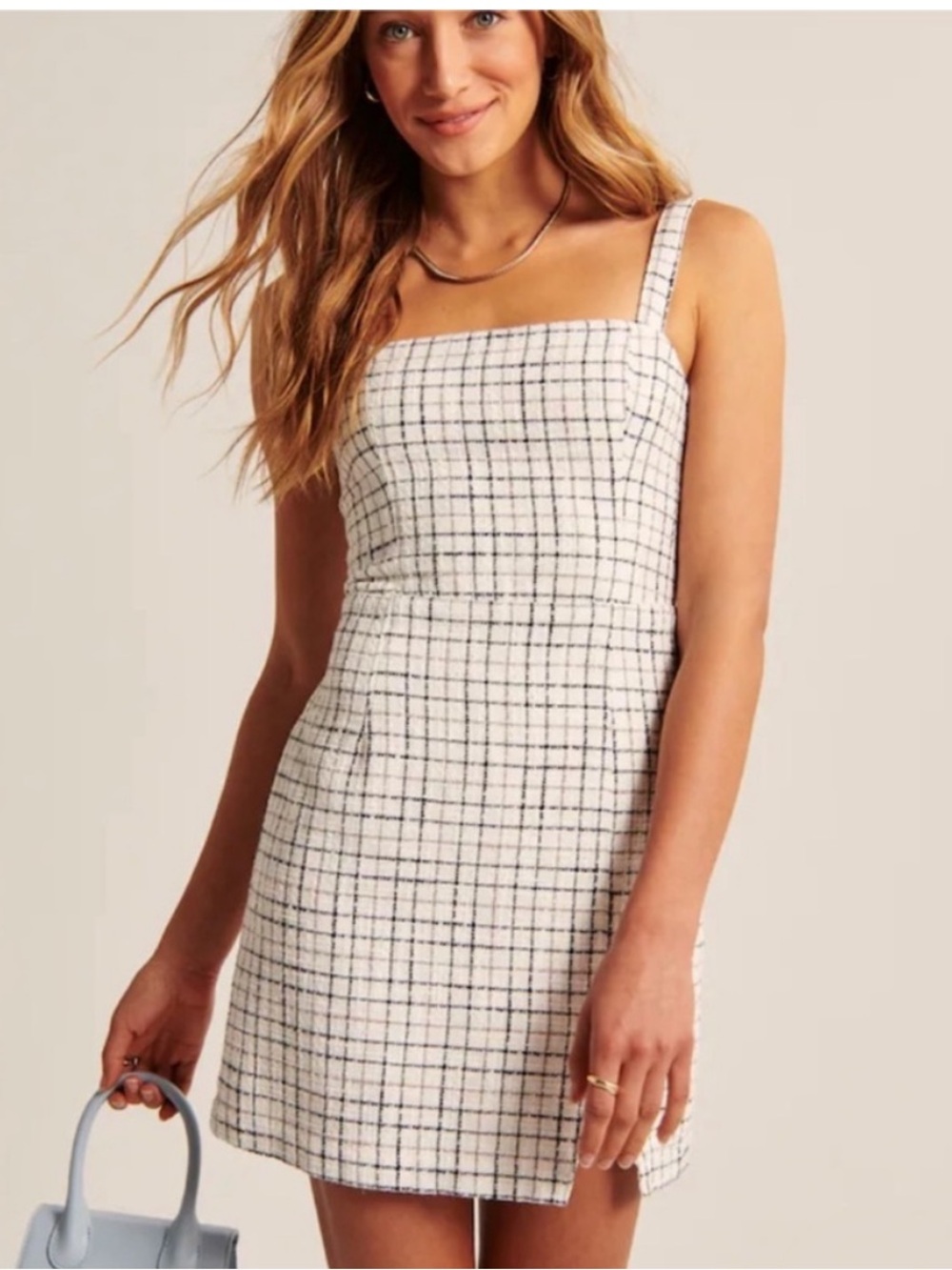 Abercrombie & Fitch White Plaid Square-Neck Mini Dress with Black Grid